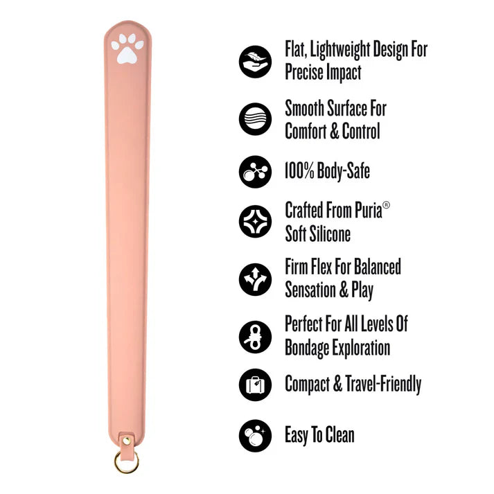 Temptasia Ardor Slapper by Blush silicone impact paddle with feature icons highlighting body-safe silicone, firm flex design, lightweight construction, travel-friendly size, and easy-to-clean surface.