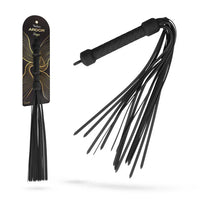 Temptasia Ardor Flogger by Blush in black silicone with braided handle and multiple flexible tails, shown alongside retail packaging and angled product view.