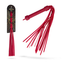Temptasia Ardor Flogger by Blush in red silicone with braided handle and multiple flexible tails, shown alongside retail packaging and angled product view.