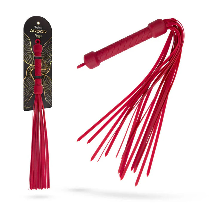 Temptasia Ardor Flogger by Blush in red silicone with braided handle and multiple flexible tails, shown alongside retail packaging and angled product view.