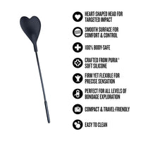 Temptasia Ardor Heart Crop by Blush silicone impact crop with feature icons highlighting heart-shaped tip, body-safe silicone, flexible design, travel-friendly size, and easy-to-clean surface.