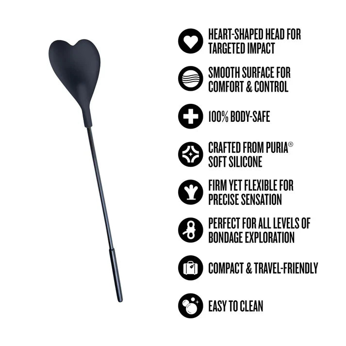 Temptasia Ardor Heart Crop by Blush silicone impact crop with feature icons highlighting heart-shaped tip, body-safe silicone, flexible design, travel-friendly size, and easy-to-clean surface.