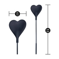 Temptasia Ardor Heart Crop by Blush in black silicone displayed with product dimensions showing 14.49-inch length and 3.43-inch heart tip width.