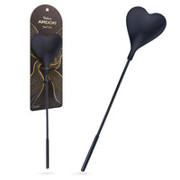 Temptasia Ardor Heart Crop by Blush in black silicone with heart-shaped tip, shown alongside retail packaging and angled product view.