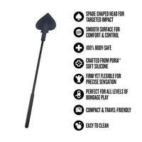 Temptasia Ardor Spade Crop by Blush silicone impact crop with feature icons highlighting spade-shaped tip, body-safe silicone, flexible design, travel-friendly size, and easy-to-clean surface.