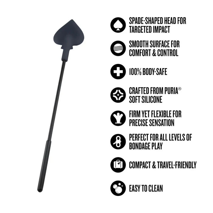 Temptasia Ardor Spade Crop by Blush silicone impact crop with feature icons highlighting spade-shaped tip, body-safe silicone, flexible design, travel-friendly size, and easy-to-clean surface.