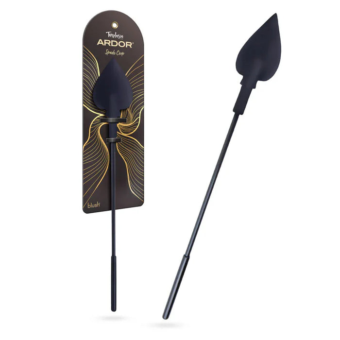 Temptasia Ardor Spade Crop by Blush silicone impact crop in black with spade-shaped tip, shown alongside retail packaging and angled product view.
