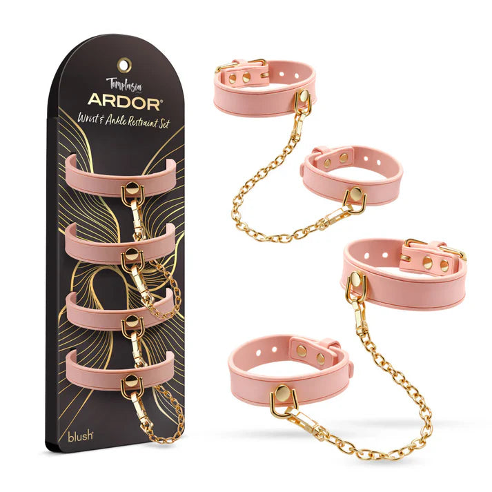 Temptasia Ardor Wrist and Ankle Restraint Set by Blush featuring adjustable pink silicone cuffs with gold-tone chain connectors, shown alongside retail packaging.