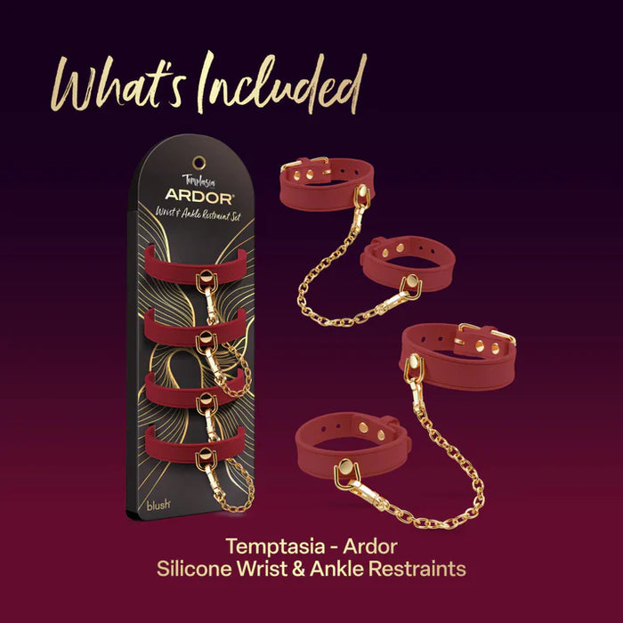 Temptasia Ardor silicone wrist and ankle restraint set by Blush featuring adjustable red cuffs with gold-tone chain connectors and retail packaging.
