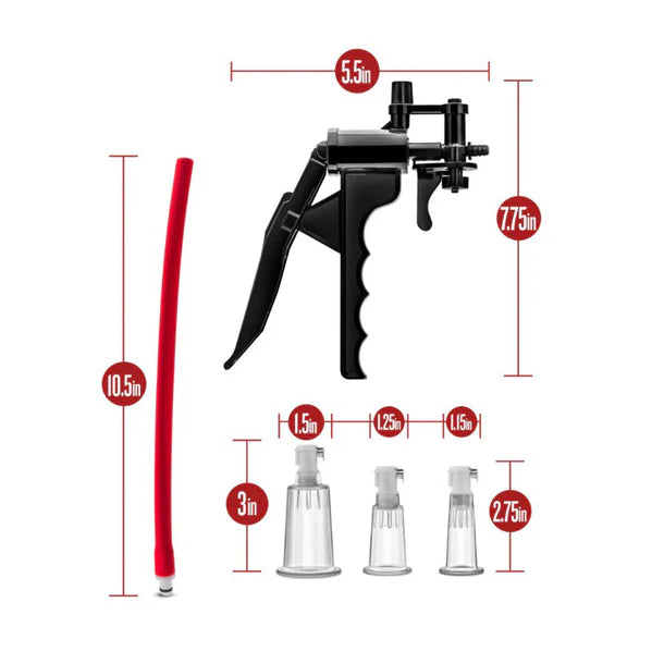 Black temptasia clitoral & nipple pump with red hose and measurement labels on a white background