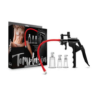Temptation clitoral and nipple pump system with packaging on a white background