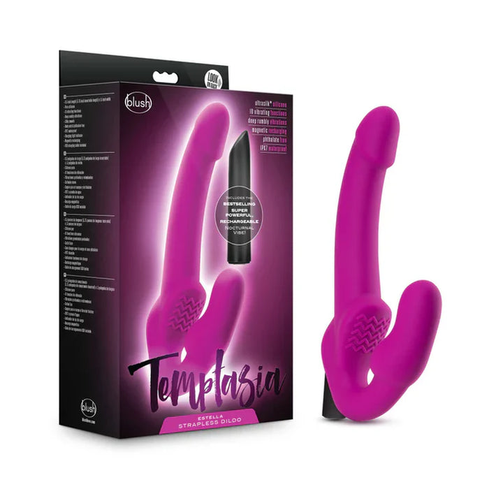 strapless strap on with single bulb inster with ridgest for clitoral stimulation beside box in pink