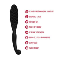 Temptasia Governess Paddle Dildo by Blush with textured silicone paddle and feature icons highlighting dual paddle and dildo design, body-safe silicone, satin-smooth finish, and travel-friendly use.