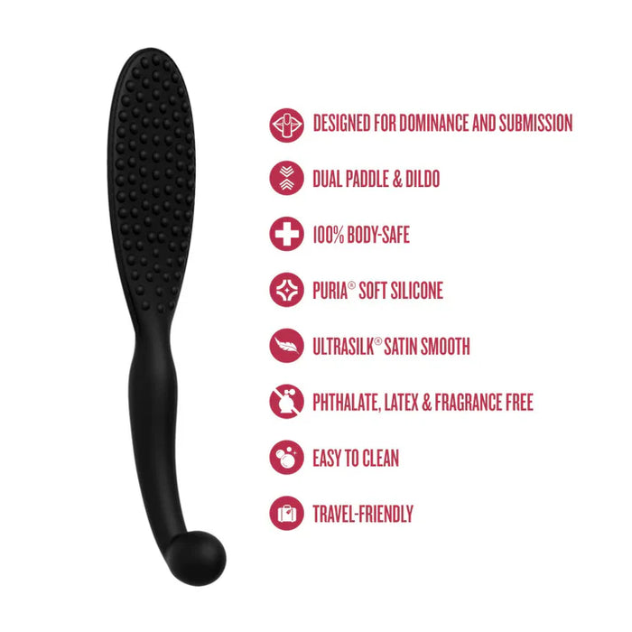 Temptasia Governess Paddle Dildo by Blush with textured silicone paddle and feature icons highlighting dual paddle and dildo design, body-safe silicone, satin-smooth finish, and travel-friendly use.