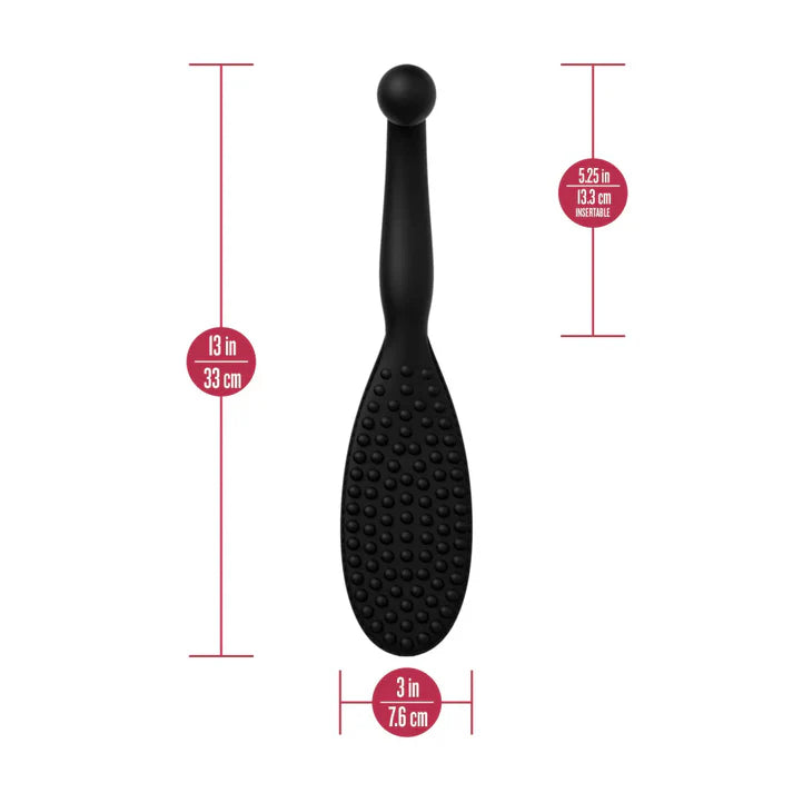 Temptasia Governess Paddle Dildo by Blush displayed with product dimensions showing 13-inch total length, 5.25-inch insertable length, and 3-inch paddle width.