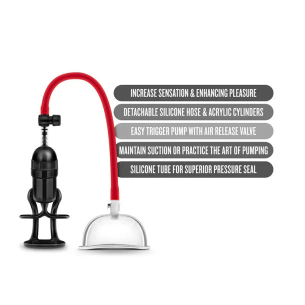 temptasia intense pussy pump with red silicone hose and black pump on a white background. with specs