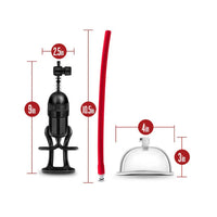 Measurement chart of a pussy pump with a black clamp, red hose, and white bell-shaped cup on a white background.
