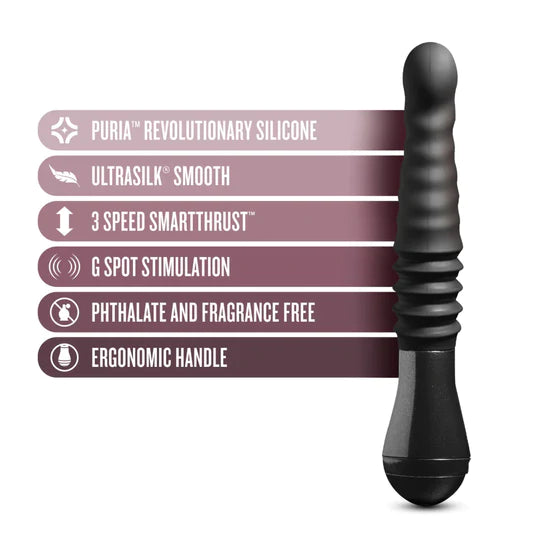 a black thrusting g spot vibrator with ridges on the spine and a shiny handle, shown in its extended position next to a list of its key features