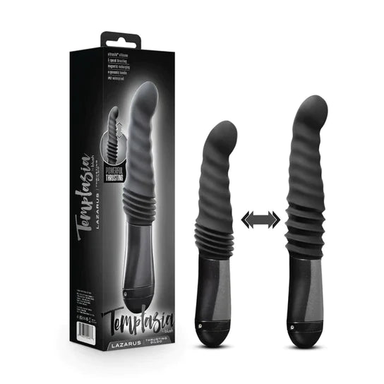 a black thrusting g spot vibrator with ridges along the spine and a shiny handle, shown in both its shortest and longest positions, next to its black display box
