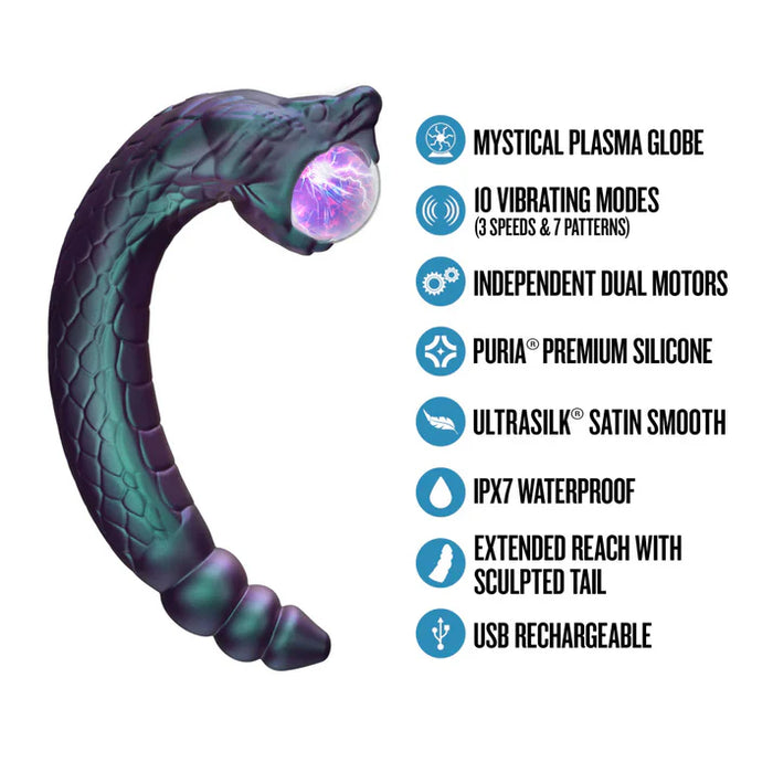 temptasia rattle snake vibrator with glowing element and feature list on a white background