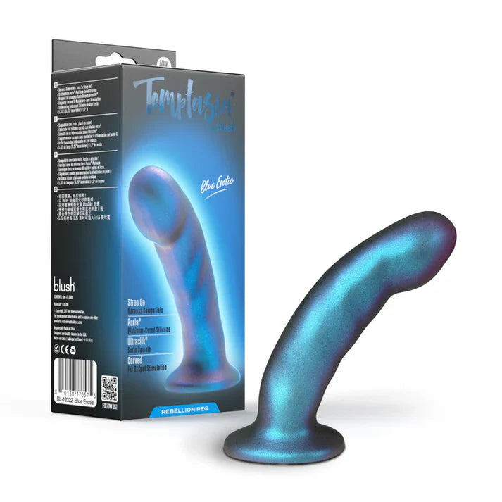 curved pegging dildo in blue, with penis shaped head, standing beside box