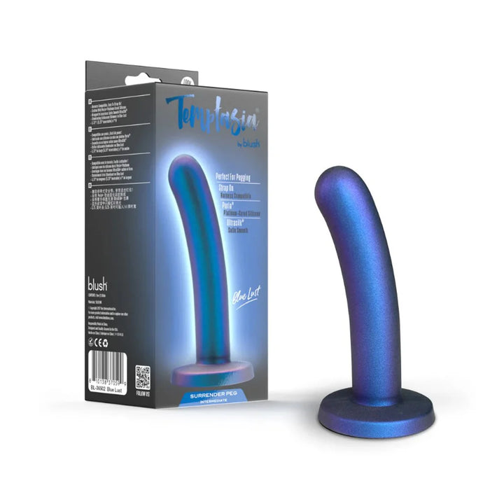blue curved strap on pegging dildo with bottom base standing beside box