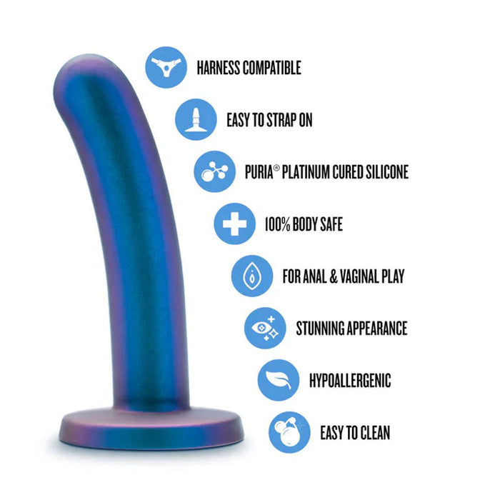 blue curved sleek pegging dildo beside specs chart