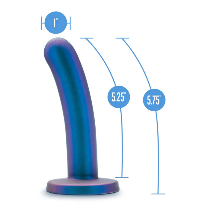 blue curved pegging dildo size chart, 1" wide, 5.25" insertable, 5.75" height