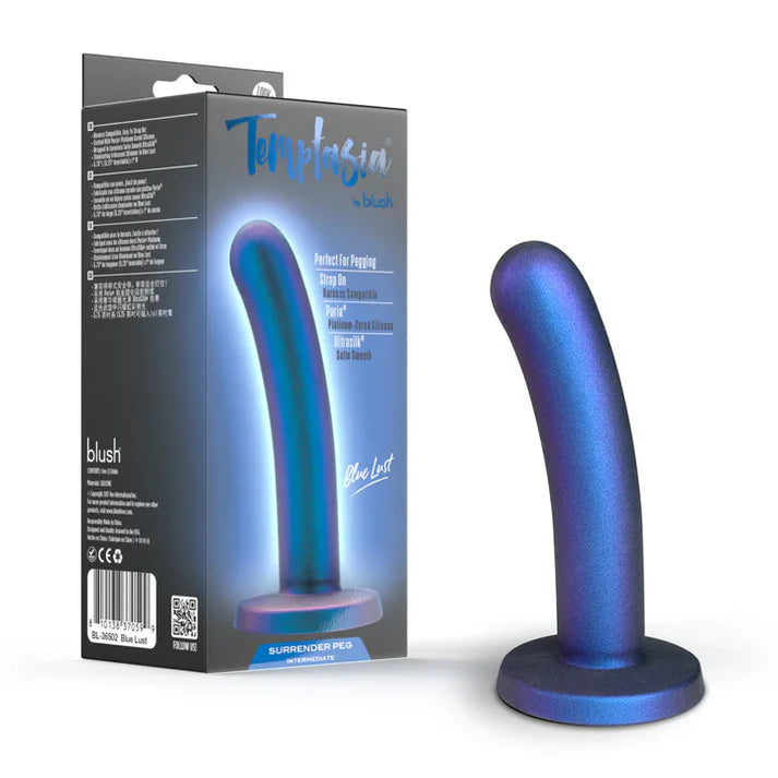 blue sleek curved pegging dildo beside box