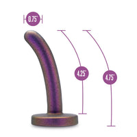 purple curved pegging dildo, 0.75" wide, 4.25" insertible, 4.75" height