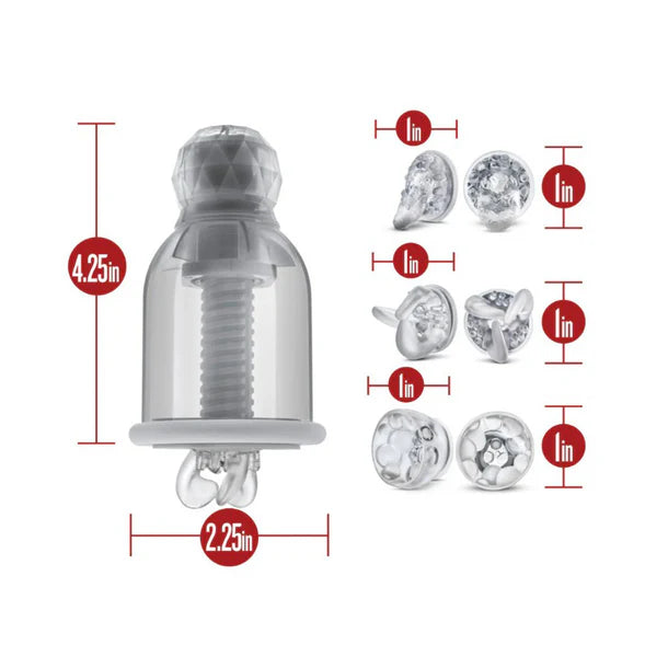 temptasia titillator with measurements and attachments on a white background