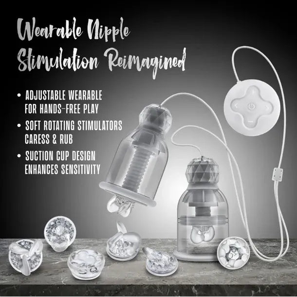 Wearable nipple stimulation device with text on a dark background