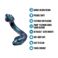 A curved double-ended dildo shown on a plain white background with a vertical list of feature callouts in blue text on the right, including double-ended design, possible shaft, textured for pleasure, plush platinum colored liquid silicone, ultra-soft satin smoothness, 100% body safe, easy to clean, and travel friendly.