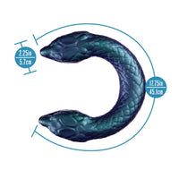 Teal snake-shaped toy with measurements on a white background