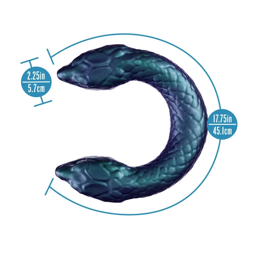 Teal snake-shaped toy with measurements on a white background