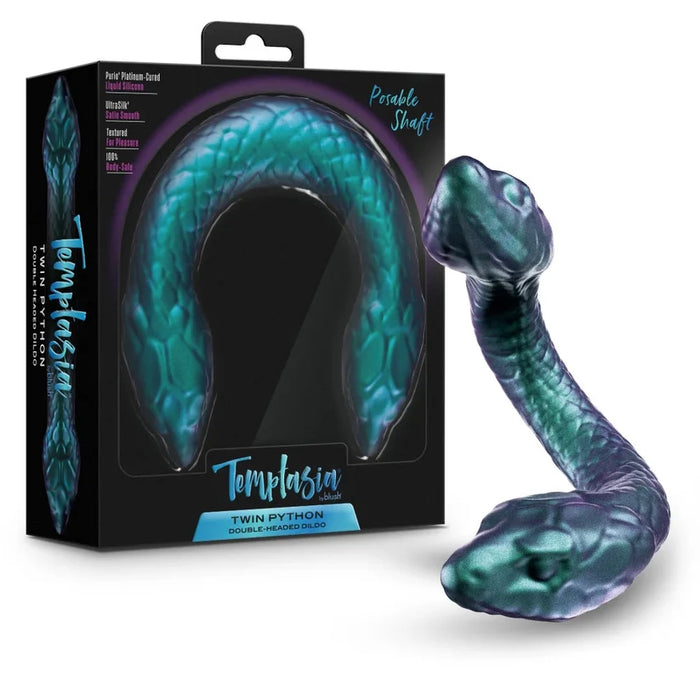 Blue and purple snake-shaped product with packaging labeled 'Temptasia'.