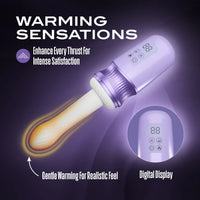 Purple vibrator with digital display on a dark background, labeled 'Warming Sensations'.
