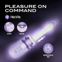 thrusting vibrator with 'Pleasure on Command' text and usage instructions on a dark background