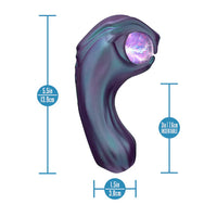 Purple and blue temptasia viper vibrator with measurements on a white background