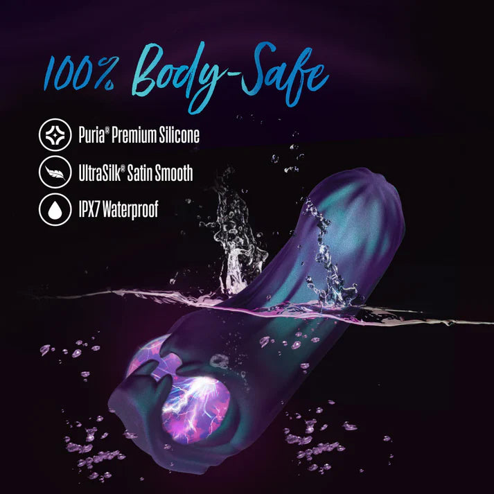 Purple silicone temptasia viper vibrator with water droplets on a dark background, featuring '100% Body-Safe' text and product features.