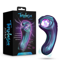 Purple and blue dual-ended vibrator with packaging labeled 'Temptasia' on a white background