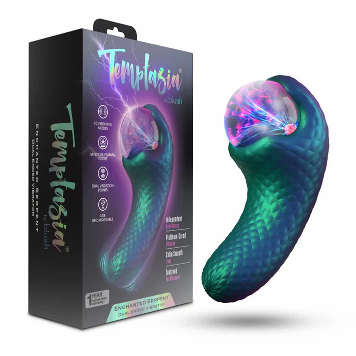 curved handle with reptile texture, mystical plasma globe on top beside box packaging