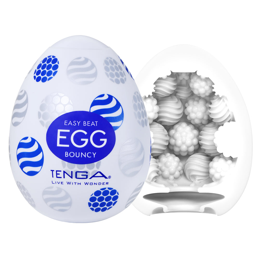 blue and white egg shaped masturbator with inner texture