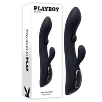 black vibrator with curved tip, thumper button and clit stim