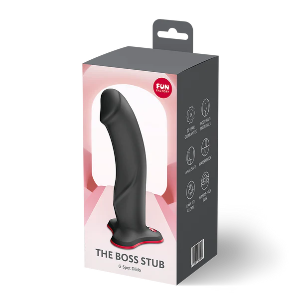 Package of 'The Boss Stub' dildo product with visible branding on a white background