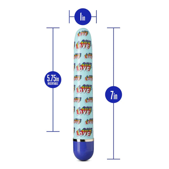 a light blue smooth vibrator with a rainbow "love" pattern and a darker blue cap, shown next to its dimensions of 7in by 1in and 5.75in insertable