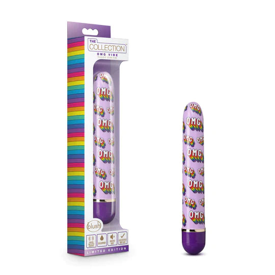 a light purple smooth vibrator with a rainbow "omg" pattern and a darker purple cap, shown next to a multi colored display box