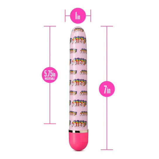 a light pink smooth vibrator with a rainbow "pride" pattern and a darker pink cap, shown next to its dimensions of 7in by 1in and 5.75in insertable
