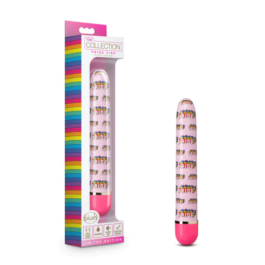 a light pink smooth vibrator with a rainbow "pride" pattern and a darker pink cap, shown next to a multi colored display box