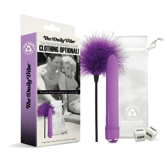 a purple feather on a black stick, a white storage bag, a purple sleek vibrator and two dice with the words suck, kiss, thigh and navel written on them, shown next to its display box with a couple cuddling on the cover